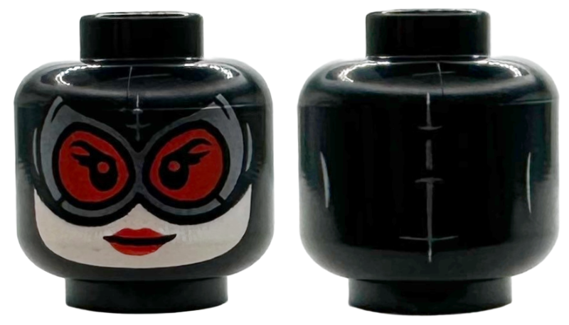 Minifigure, Head Female Balaclava, Large Red and Dark Silver Goggles, Light Nougat Face, Red Lips, Neutral Pattern