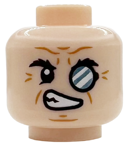 Minifigure, Head Black Eyebrows, Medium Nougat Cheek Lines, Crow's Feet, Wrinkles and Chin Dimple, Metallic Light Blue Monocle with White Reflections, Open Mouth Smirk with Teeth Pattern