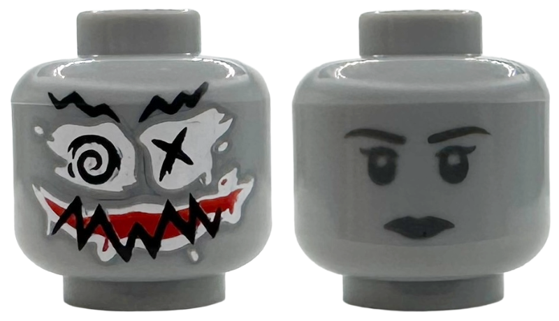Minifigure, Head Dual Sided Alien Female Black Jagged Eyebrows and Mouth, Spiral and X-Shaped Eyes, White Face Paint, Red Lips / Dark Bluish Gray Eyebrows, Eyes and Lips Pattern