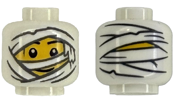 Minifigure, Head Mummy Wrappings with Dark Bluish Gray Outline over Yellow Face with Black Eyebrows and Grin Pattern (BAM)