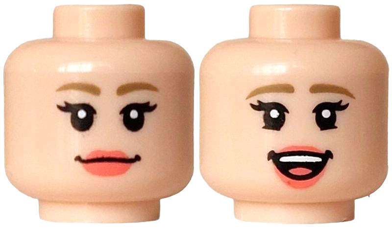 Minifigure, Head Dual Sided Female Dark Tan Eyebrows, Black Eyes and Eyelashes, Coral Lips, Closed Mouth Smile / Open Mouth Smile with White Teeth Pattern