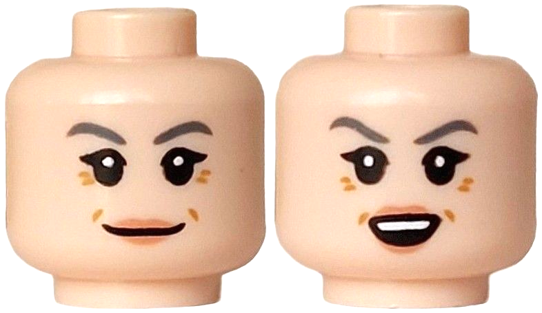 Minifigure, Head Dual Sided Female Dark Bluish Gray Eyebrows, Black Eyes and Eyelashes, Medium Nougat Cheek Lines, Wrinkles and Lips, Closed Mouth Smile / Open Mouth Smile with White Teeth Pattern
