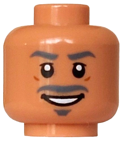 Minifigure, Head Dark Bluish Gray Eyebrows, Moustache and Goatee, Black Eyes and Open Mouth Smile with White Teeth, Dark Orange Cheek Lines Pattern