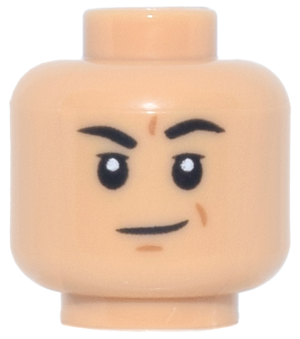 Minifigure, Head Black Eyebrows, One Raised, Dark Orange Creases and Chin Dimple, Closed Mouth Smirk Pattern