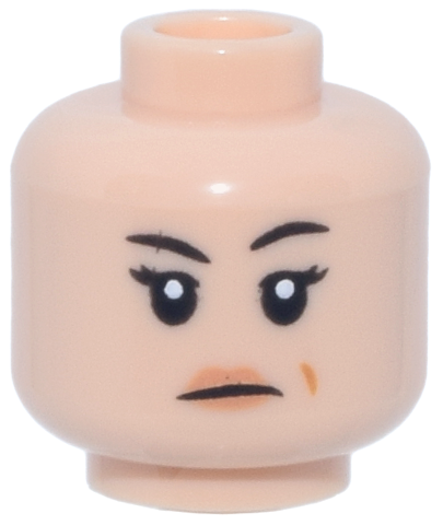 Minifigure, Head Female Black Eyebrows, One Raised, Eyelashes, Nougat Lips and Smile Crease, Closed Mouth Frown Pattern