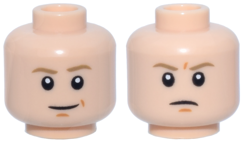 Minifigure, Head Dual Sided Dark Tan Eyebrows, Dark Orange Chin Dimple and Smile Crease, Closed Mouth Smile / Frown Pattern (SW Luke Skywalker)