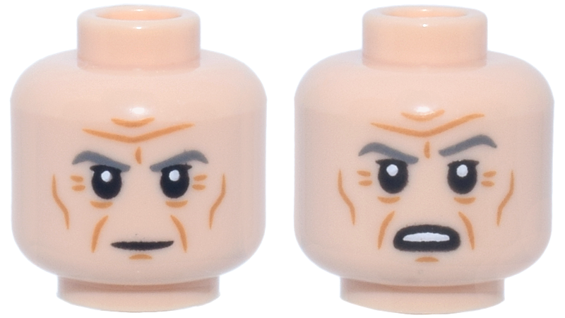 Minifigure, Head Dual Sided Dark Bluish Gray Eyebrows, Dark Orange Wrinkles, Stern / Open Mouth Scowl Pattern (Grand Moff Tarkin)