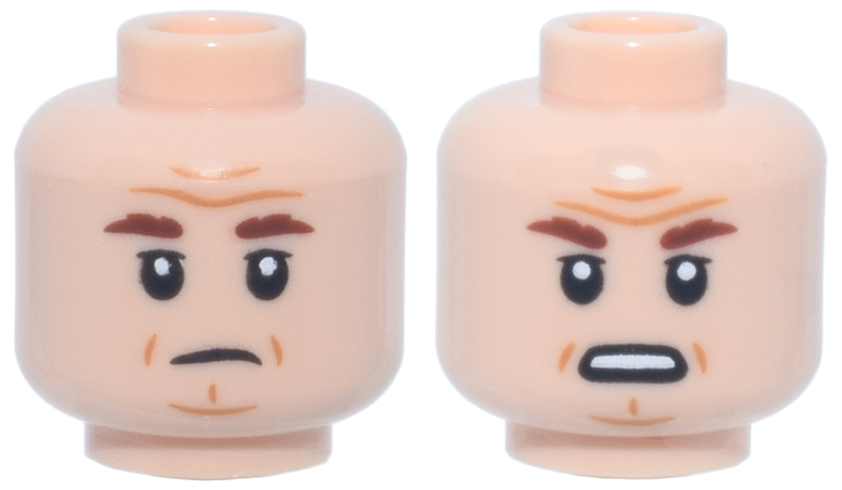 Minifigure, Head Dual Sided Reddish Brown Eyebrows, Dark Orange Wrinkles, Frown / Open Mouth Scowl Pattern (General Tagge)
