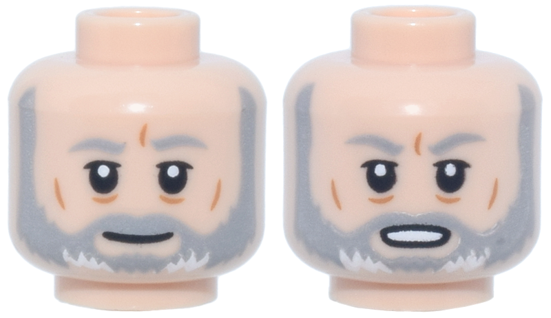 Minifigure, Head Dual Sided Light Bluish Gray and White Full Beard and Eyebrows, Dark Orange Wrinkles, Slight Smile / Open Mouth Scowl Pattern (Obi-Wan Kenobi)