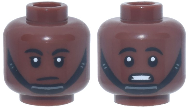 Minifigure, Head Dual Sided Black Eyebrows, Chin Strap, Neutral / Scared Open Mouth with Teeth Pattern