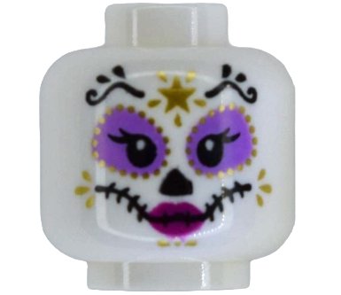 Minifigure, Head Alien Female La Catrina with Black Eyebrows, Triangular Nose, Stitched Mouth, Medium Lavender Eye Shadow, Magenta Lips, Gold Face Paint with Star Pattern (BAM)