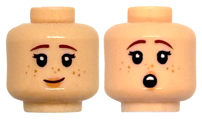 Minifigure, Head Dual Sided Reddish Brown Eyebrows, Nougat Freckles and Lips, Smirk / Open Mouth Shocked with Teeth Pattern