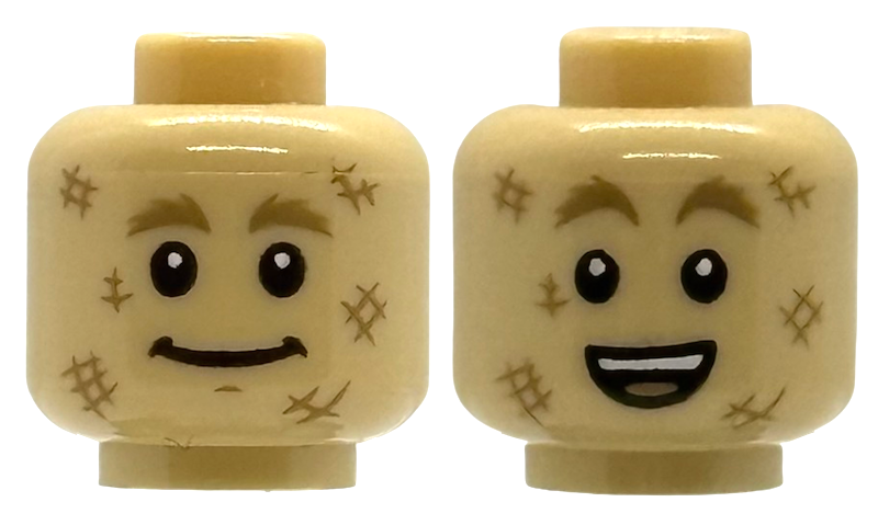 Minifigure, Head Dual Sided Dark Tan Bushy Eyebrows and Scarecrow Scratches, Black Mouth Smirk / Open Mouth Smile with Teeth Pattern