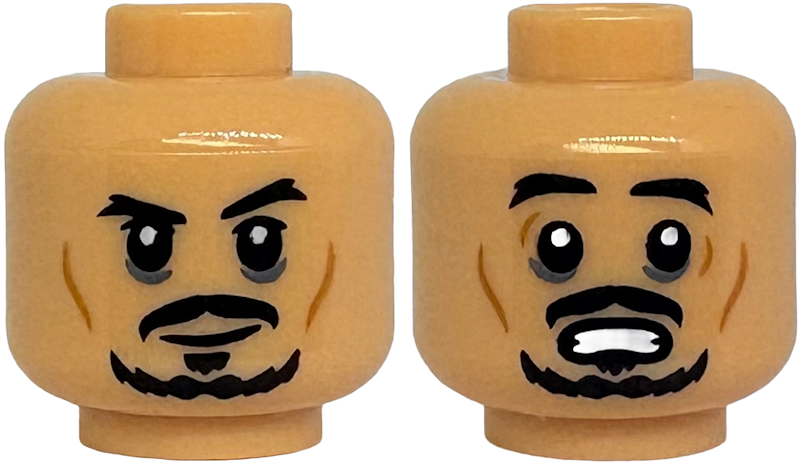 Minifigure, Head Dual Sided Black Thick Eyebrows, Moustache and Goatee, Medium Nougat Cheek Lines, Closed Mouth Grin / Open Mouth Scared with Teeth Pattern