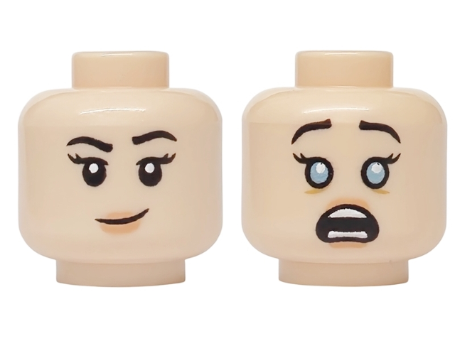 Minifigure, Head Dual Sided Female Black Eyebrows and Eyelashes, Nougat Lips, Lopsided Grin / Raised Eyebrows, Metallic Light Blue Eyes and Surprised Open Mouth with Teeth Pattern