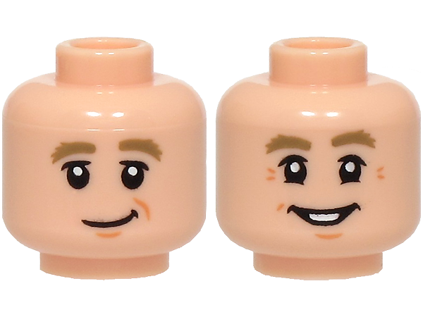 Minifigure, Head Dual Sided Dark Tan Bushy Eyebrows, Medium Nougat Chin Dimple, Lopsided Grin / Crow's Feet and Open Mouth Smile with Teeth Pattern