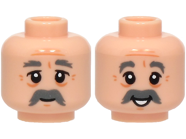 Minifigure, Head Dual Sided Dark Bluish Gray Bushy Eyebrows and Thick Moustache, Medium Nougat Forehead Lines and Dimples, Grin / Open Mouth Smile with Teeth Pattern