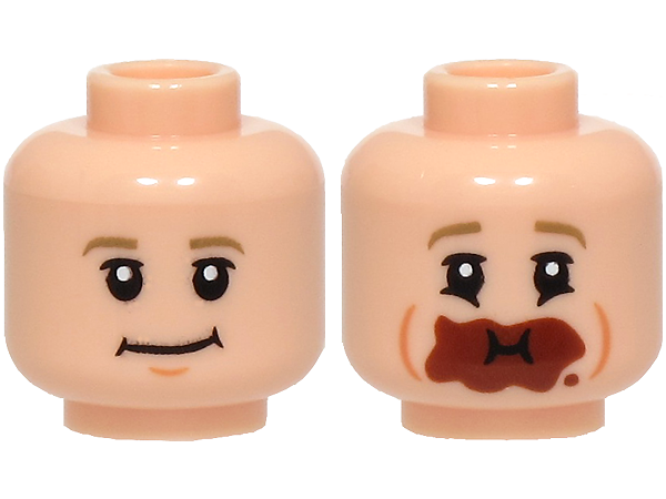 Minifigure, Head Dual Sided Dark Tan Eyebrows, Medium Nougat Chin Dimple, Slight Grin / Eating with Reddish Brown Chocolate Around Mouth Pattern
