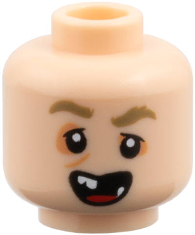 Minifigure, Head Dark Tan Bushy Eyebrows, Nougat Eye Shadow and Scar, Crooked Open Mouth Smile with Red Tongue and Missing Teeth Pattern