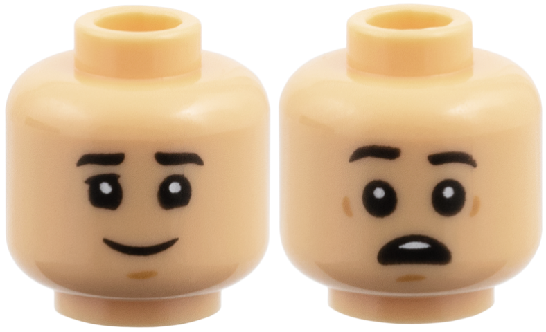 Minifigure, Head Dual Sided Child Black Eyebrows, Medium Nougat Chin Dimple, Grin / Scared Open Mouth with Top Teeth Pattern