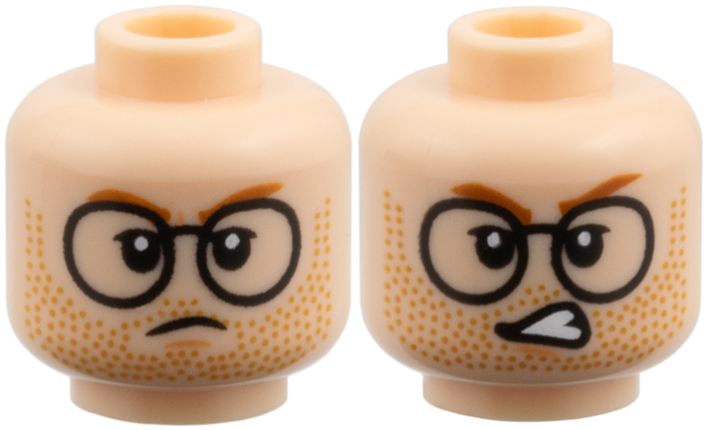 Minifigure, Head Dual Sided Dark Orange Eyebrows, Black Round Glasses, Medium Nougat Beard Stubble, Nougat Chin Dimple, Frown / Angry Open Mouth with Teeth Pattern
