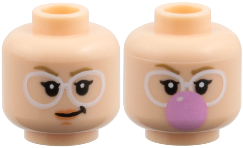 Minifigure, Head Dual Sided Female Dark Tan Eyebrows, White Round Glasses, Nougat Lips and Chin Dimple, Lopsided Grin / Blowing Bright Pink Bubblegum Bubble Pattern