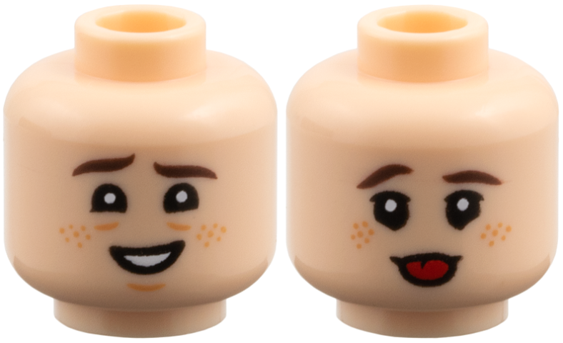 Minifigure, Head Dual Sided Child Dark Brown Eyebrows, Nougat Freckles and Dimples, Open Mouth Smile with Teeth / Red Tongue Sticking Out Pattern