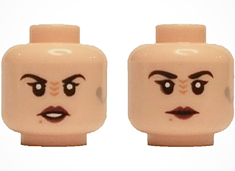 Minifigure, Head Dual Sided Alien Female Black Eyebrows, Medium Nougat Bajoran Nose Ridges, Dark Red Lips, Silver Earring, Angry Open Mouth with Teeth / Neutral Pattern