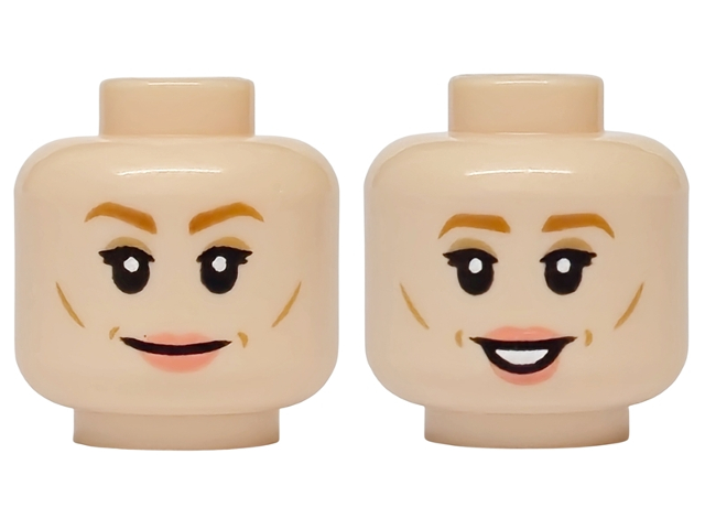 Minifigure, Head Dual Sided Female Dark Orange Eyebrows, Coral Lips, Medium Nougat Eye Shadow, Cheek Lines and Dimples, Lopsided Grin / Open Mouth Smile with Teeth Pattern