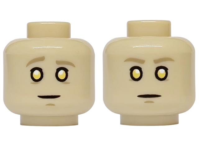Minifigure, Head Dual Sided Dark Tan Eyebrows and Chin Dimple, Yellow Eyes with White Glints, Right Eyebrow Raised, Slight Smile / Neutral Pattern