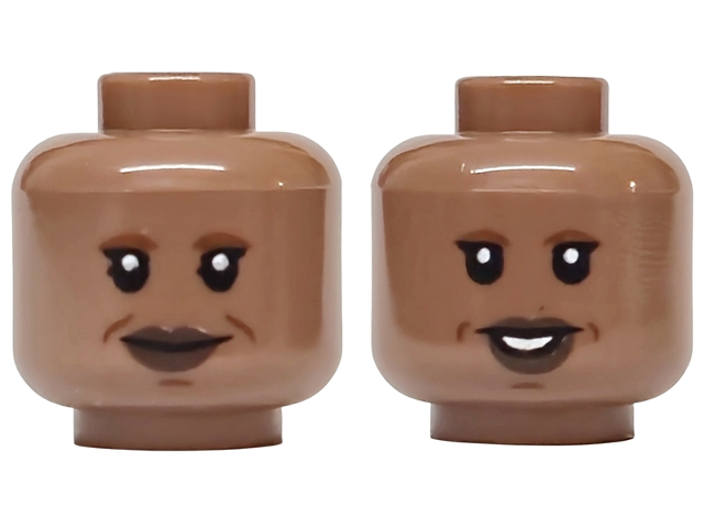 Minifigure, Head Dual Sided Female Reddish Brown Eyebrows, Cheek Lines and Chin Dimple, Single Eyelashes, Dark Brown Lips, Neutral / Open Mouth Smile with Teeth Pattern