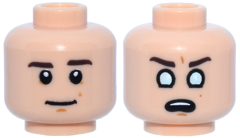 Minifigure, Head Dual Sided Dark Brown Eyebrows, Dark Orange Mole and Chin Dimple, Slight Smile / Scared with Bright Light Blue Glassy Eyes Pattern
