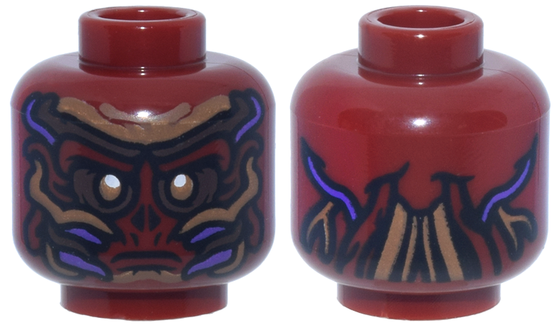 Minifigure, Head Alien Skull, Medium Nougat, Dark Brown and Medium Lavender Vines, Veins and Rotted Flesh on Back Pattern