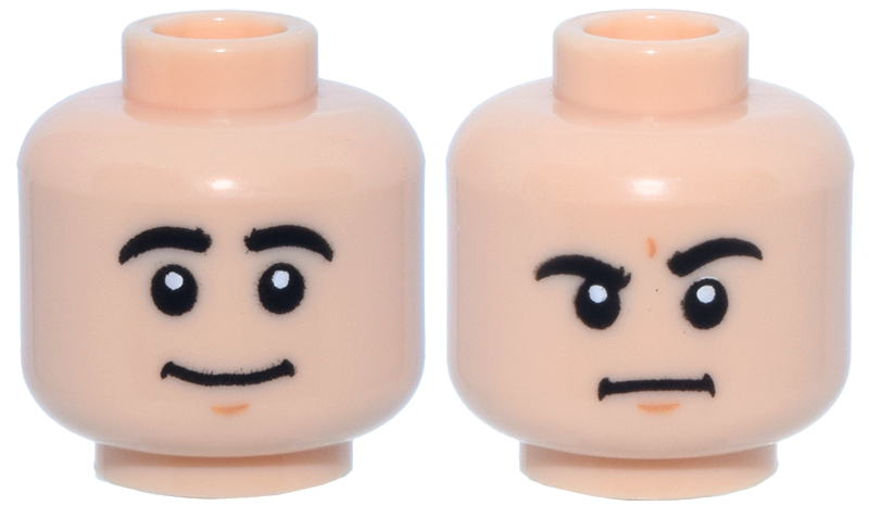 Minifigure, Head Dual Sided Black Curved Eyebrows, Dark Orange Chin Dimple, Closed Mouth with Corners Smile / Frown Pattern