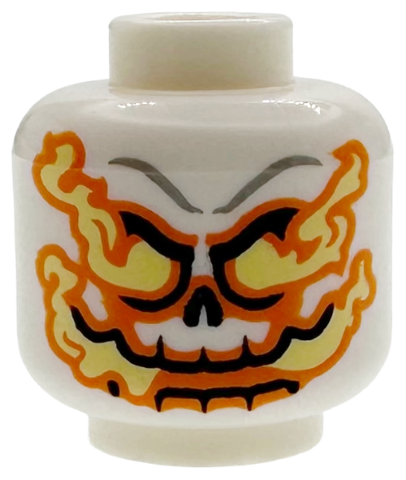 Minifigure, Head Alien Skull with Orange and Bright Light Yellow Flames, Dark Bluish Gray Forehead Lines, Black Mouth and Nose Pattern