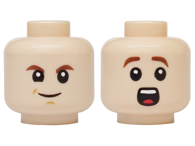 Minifigure, Head Dual Sided Child Reddish Brown Eyebrows, Grin with Medium Nougat Dimples / Raised Eyebrows, Surprised Open Mouth with Teeth and Red Tongue Pattern