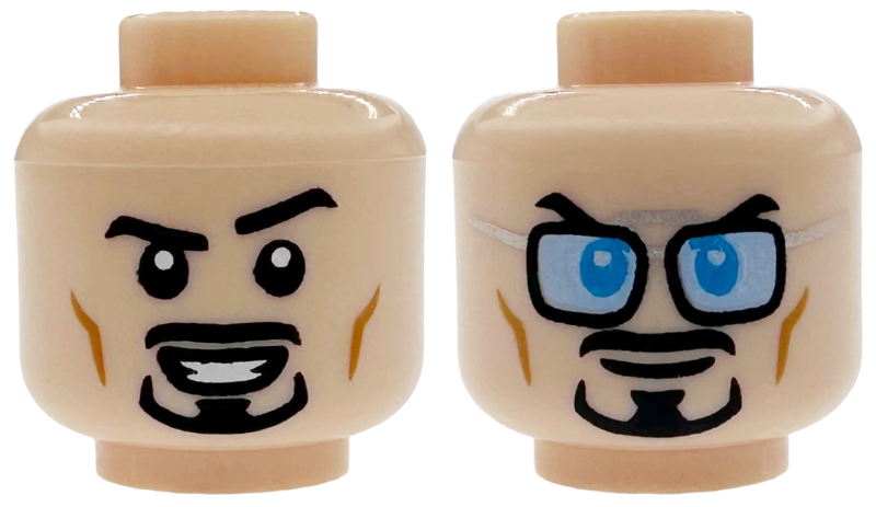 Minifigure, Head Dual Sided Black Eyebrows and Goatee, Medium Nougat Cheek Lines, Grin with Teeth, Left Eyebrow Raised / Dark Azure Eyes, Silver Glasses with Bright Light Blue Lenses Pattern