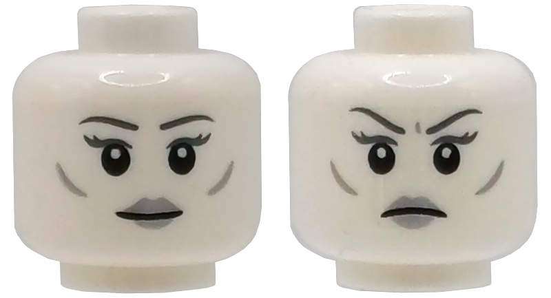 Minifigure, Head Dual Sided Female Dark Bluish Gray Eyebrows and Eyelashes, Light Bluish Gray Cheek Lines, Silver Lips, Neutral / Frown with Raised Eyebrows Pattern