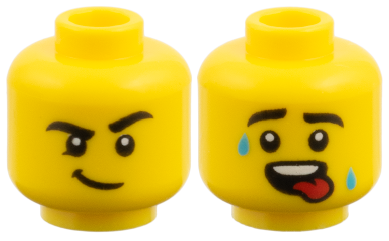 Minifigure, Head Dual Sided, Black Eyebrows, Lopsided Smirk / Sweat Drops and Red Tongue Pattern