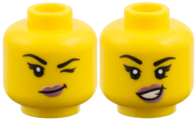 Minifigure, Head Dual Sided Female, Black Eyebrows, Metallic Pink Lips, Lopsided Grin and Wink Left / Open Smile with Teeth Pattern