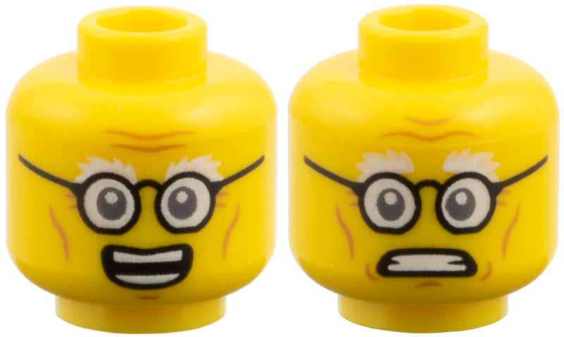 Minifigure, Head Dual Sided, Medium Nougat Age Lines, White Eyebrows, Black Glasses, Open Smile / Scared Pattern