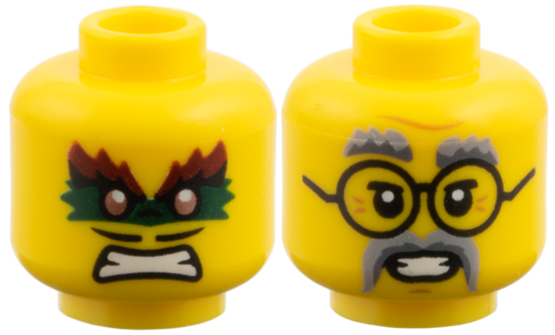 Minifigure, Head Dual Sided, Dark Red and Dark Green Eye Paint, Metallic Pink Eyes, Pencil Moustaches / Light Bluish Gray Eyebrows and Moustache, Black Glasses Pattern