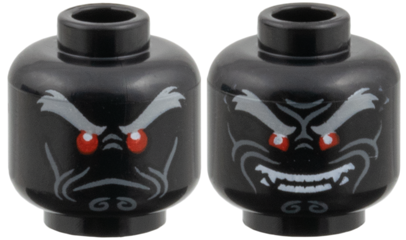 Minifigure, Head Dual Sided Alien, Light Bluish Gray Eyebrows, Red Eyes, Dark Bluish Gray Contours, Frown / Wide Smile with Teeth Pattern