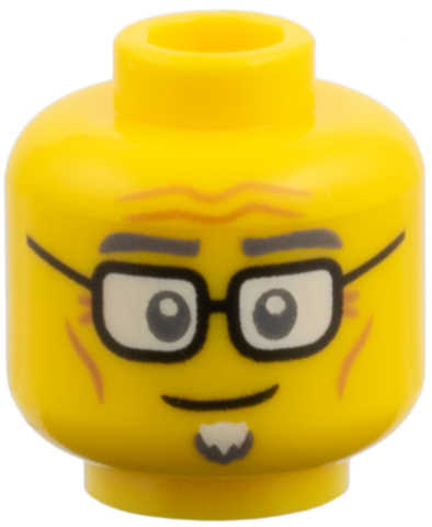 Minifigure, Head Dark Bluish Gray Eyebrows, Black Glasses, Medium Nougat Age Lines, White Soul Patch Pattern