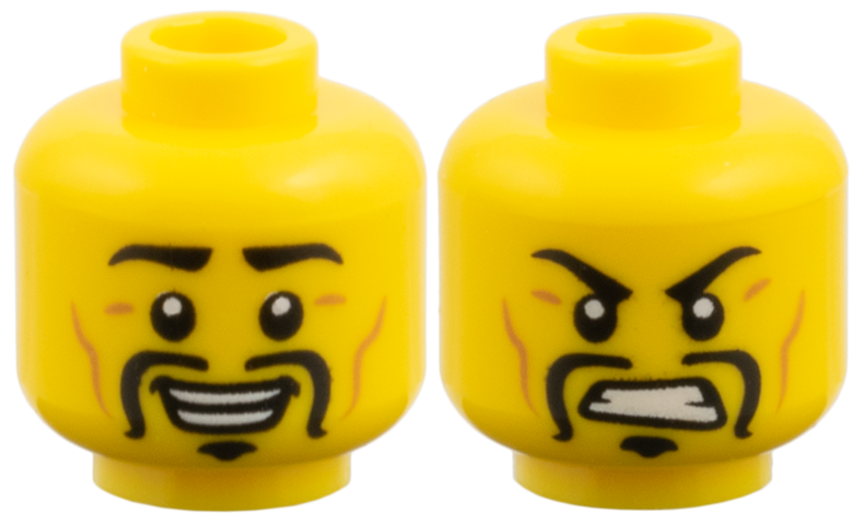 Minifigure, Head Dual Sided, Black Eyebrows and Fu Manchu, Medium Nougat Ages Lines, Smile / Scowl Pattern