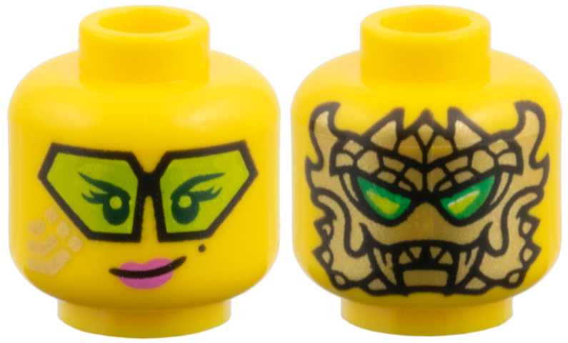 Minifigure, Head Dual Sided Female, Glasses with Lime Lenses, Gold Stripes on Cheek, Dark Pink Lips / Gold Dragon Mask with Bright Green Eyes Pattern