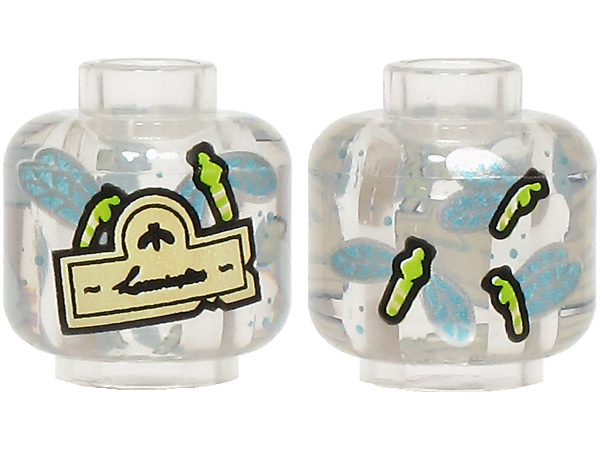 Minifigure, Head without Face with Tan Label with Black Script Writing and Lime Insects with Silver and Metallic Light Blue Wings Pattern