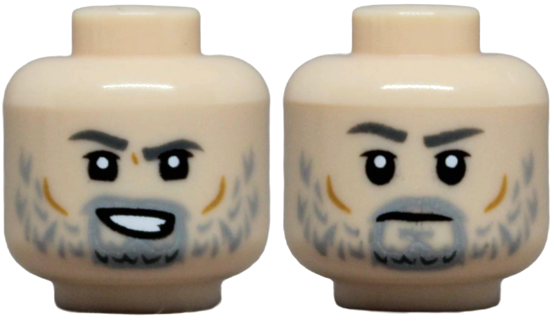 Minifigure, Head Dual Sided Dark Bluish Gray Eyebrows, Light Bluish Gray Beard, Moustache and Goatee, Medium Nougat Cheek Lines, Open Mouth Smirk with Teeth / Frown Pattern