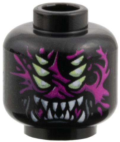 Minifigure, Head Alien, 6 Yellowish Green Eyes, Magenta Tissue, Sharp White Teeth Pattern