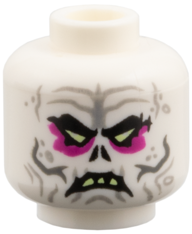 Minifigure, Head Dual Sided Alien, Light Bluish Grey Brown Furrows, Yellowish Green Triangular Eyes, Magenta Eye Shadow, Open Mouth Scowl Pattern